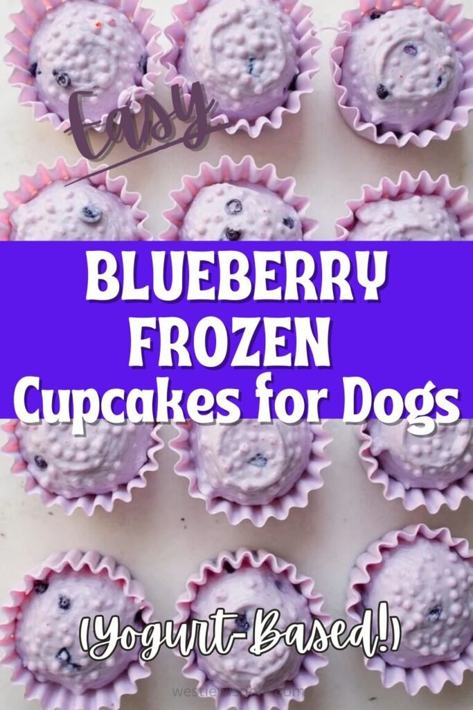 Overhead view of frozen blueberry dog treats made with yogurt and served in pink cupcake liners. The treats are pale purple with visible blueberry bits. Bold white and purple text across the center reads “Blueberry Frozen Cupcakes for Dogs,” with “Easy” and “Yogurt-Based!” written in stylized fonts.