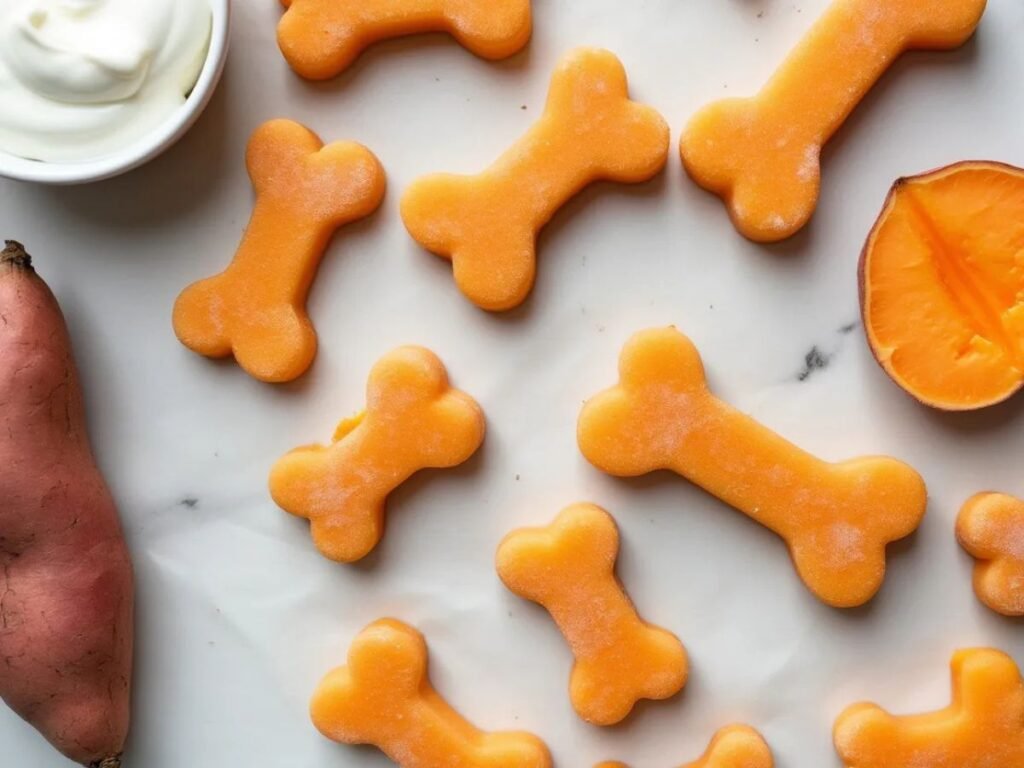 Overhead photo of homemade frozen dog treats shaped like bones, made with sweet potato and yogurt. The treats are pale orange and arranged on a light surface next to a bowl of Greek yogurt, a halved cooked sweet potato.
