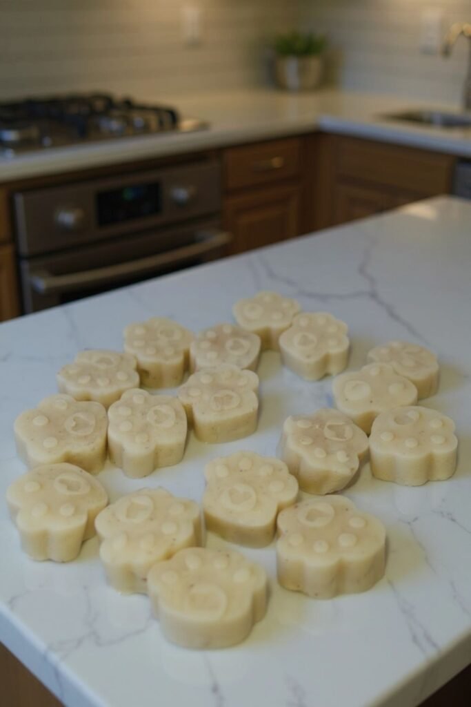 Paw-shaped applesauce and cinnamon frozen dog treats arranged on a kitchen counter.