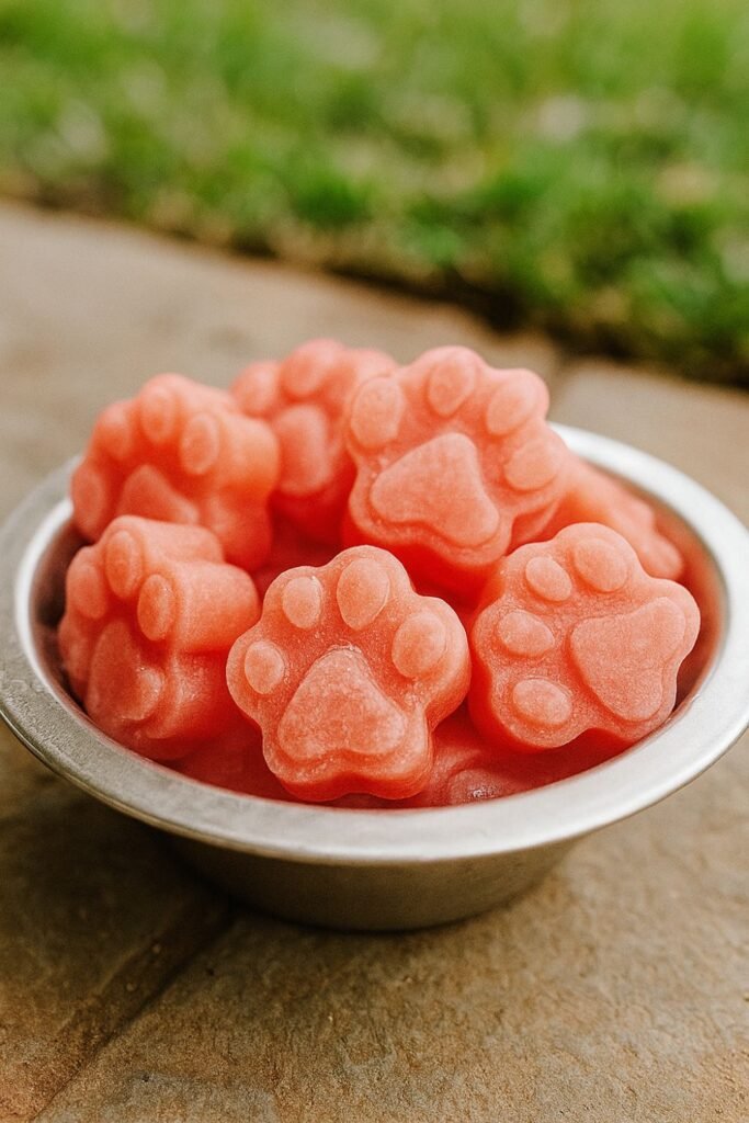 Cucumber & Watermelon Cooler: Stainless steel bowl piled with pink, paw-shaped frozen watermelon-cucumber dog treats on a sun-warmed stone patio, with soft grass blurred in the background.