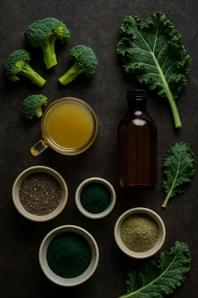 Superfood Frozen Dog Treats ingredients laid out on a rustic surface